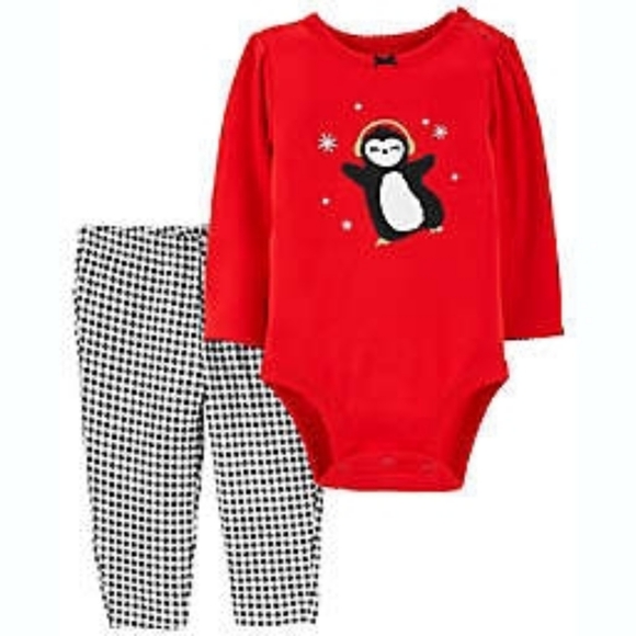 Carter's Other - 3 For $12 Carter's Red Penguin Bodysuit with Checkered Pants